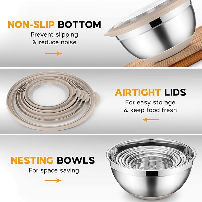 Mixing Bowls with Lids Set of 6 Large Metal Nesting Mixing Bowls Stainless Steel Non-Slip Salad Bowl Khaki – Size 1, 1.5, 2, 2.6, 3.5, 7QT
