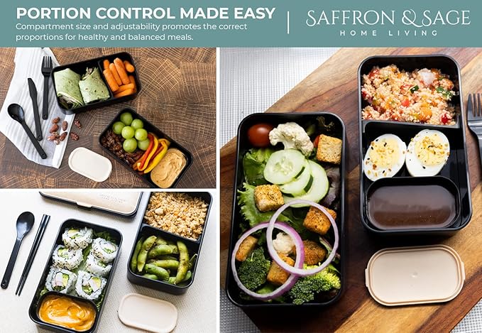 Saffron & Sage Bento Lunch Box - 42oz Black Japanese style Bento Box for Adults or Kids with Cutlery, Chopsticks, Sauce Container and Bento Bag - Leak proof, Dishwasher, Freezer, Microwave safe