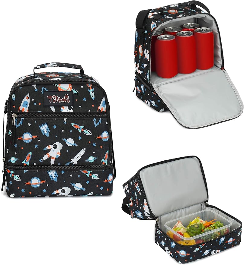 Tilami Lunch Bags Insulated Adjustable Strap Zipper, Two Compartments Cooler Bags, Bento Bags for Kids Toddlers, Astronaut