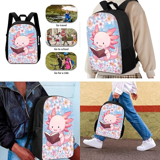 Dolyues Cherry Blossom Axolotl Cute Girls' Backpack Set for Elementary School - 3-Piece Bookbag with Lunch Bag & Pencil Case - Stylish and Functional School Essentials for Kids