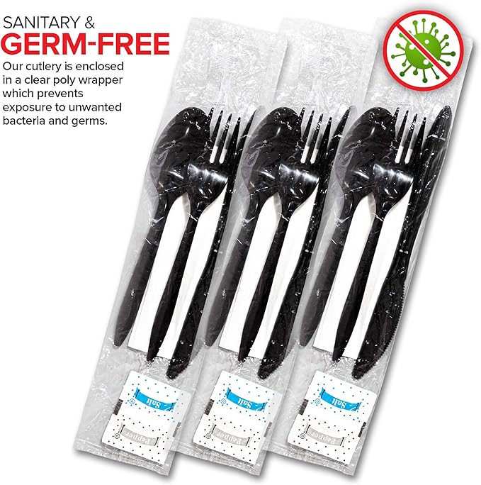 Individually Wrapped Plastic Cutlery Set with Napkin + Salt & Pepper Packets in Black (50 Count) Prewrapped Disposable Silverware Bags, Bulk Utensils: Fork, Knife, and Spoon for Togo Eating