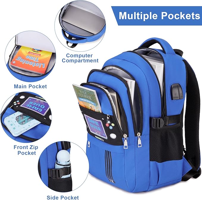 Boys Backpack - Luminous Game Bento Box with Insulated Lunch Bag Pencil Case & Utensils Set for Kids, 6 Leakproof Compartments Removable Tray Lunches or Snack Container (Blue Game Screen)