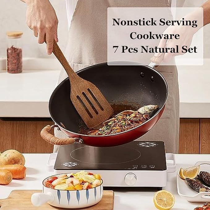 7 Pcs Natural Sheesham Wooden Kitchen Utensil Set with Spoon Rest - Smooth Finish & Soft Comfort-Grip Wood Spoons for Cooking - Nonstick Serving Cookware Kitchen Gift Set - 35.56 Cm