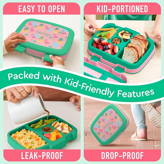 Bentgo Kids Prints Leak-Proof, 5-Compartment Bento-Style Kids Lunch Box - Ideal Portion Sizes for Ages 3-7, Durable, Drop-Proof, Dishwasher Safe, & Made with BPA-Free Materials (Tropical)