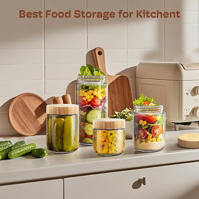 6 Pack 10oz Overnight Oats Containers with Bamboo Lids, Glass Jars with Airtight Lids for Meal Prep, Wide Mouth Mason Salad Jars, Glass Food Storage Container for Yogurt Chia Snacks Spice Sugar
