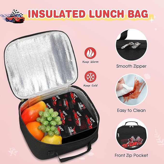 Luminous Boys Backpack - Racing Car Bento Box with Insulated Lunch Bag Pencil Case & Utensils Set for Kids, 6 Leakproof Compartments Removable Tray Lunches or Snack Container (Racing Car)