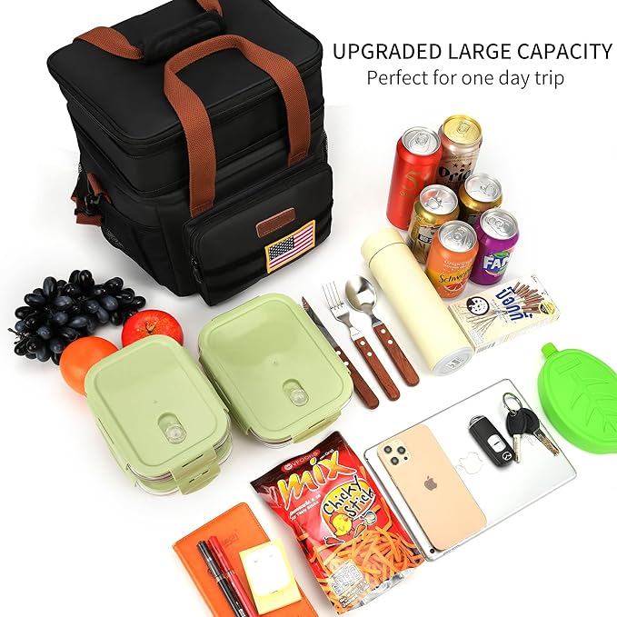 LOKASS Lunch Box for Men,16L Double Deck Expandable Insulated Lunch Bag for Women/Adults Thermal Large Waterproof Leakproof Lunchbox for Work with Shoulder Strap for Work, Camping, Picnic - Black