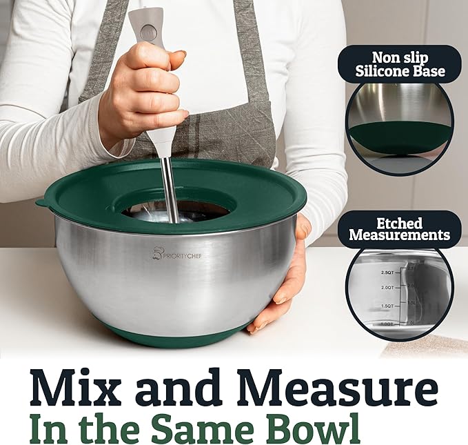 Priority Chef 28Pc Stainless Steel Mixing Bowls with Lids Set, Non-Slip Base, Air Tight Lids, 3 Graters and Utensil Set, Large Metal Nesting Bowls for Kitchen, Green