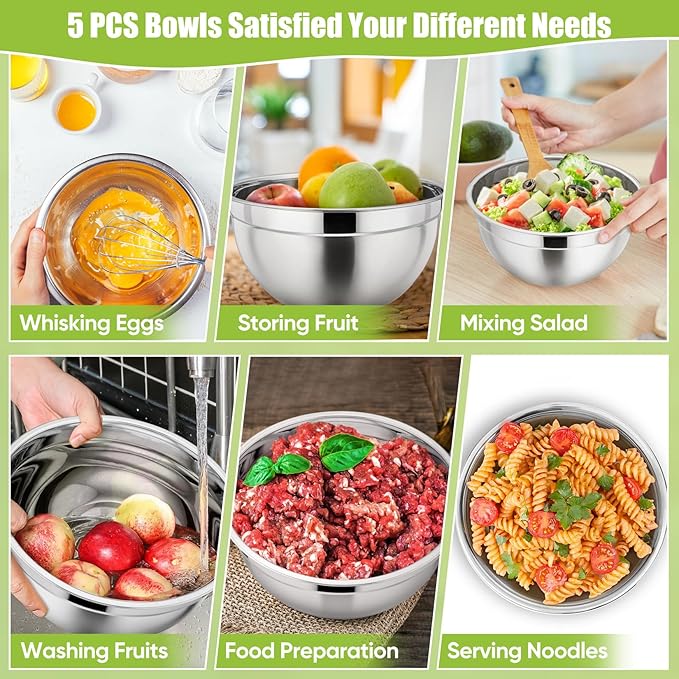 P&P CHEF Mixing Bowl with Lid Set of 5, 10-Piece Stainless Steel Nesting Salad Bowl Set for Prepping, Mixing and Serving, Size 4.6, 3, 1.5, 1, 0.7 QT, Rimmed Edges & Flat Base, Red