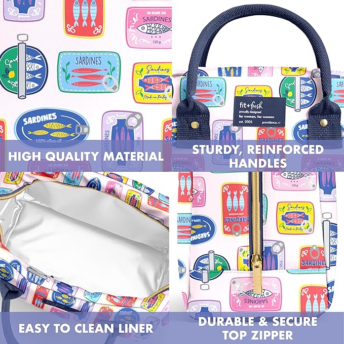 Fit & Fresh Lunch Bag For Women, Insulated Womens Lunch Bag For Work, Leak Resistant & Stain-Resistant Large Lunch Box For Women With Containers, Zipper Closure Bloomington Bag, Multicolored Sardines