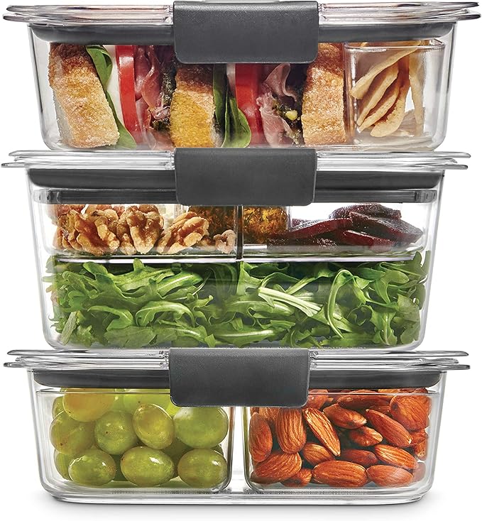 Rubbermaid Brilliance BPA-Free 3 Set Food Storage Containers with Lids, Removable Trays, Airtight, Leak-Proof, Ideal for Meal Prep, Lunch, and Leftovers