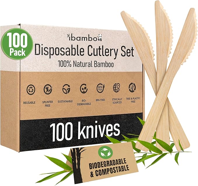 100% Bamboo Knives Set - 100 Eco Friendly Utensils (100 Compostable Knives) | Bamboo Reusable or Disposable Flatware | Compostable FSC Certified Silverware for Weddings, Camping, Parties