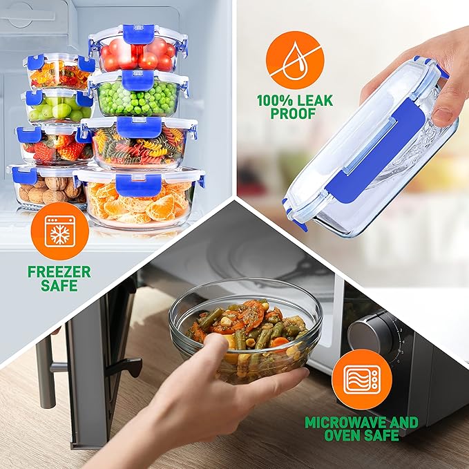 SereneLife 24 Piece Glass Storage Containers with Lids, 12 Pack Glass Meal Prep Container Set for Lunch, Kitchen Storage, Food Storage, Leak Proof, Freezer Safe and Dishwasher Safe, Blue