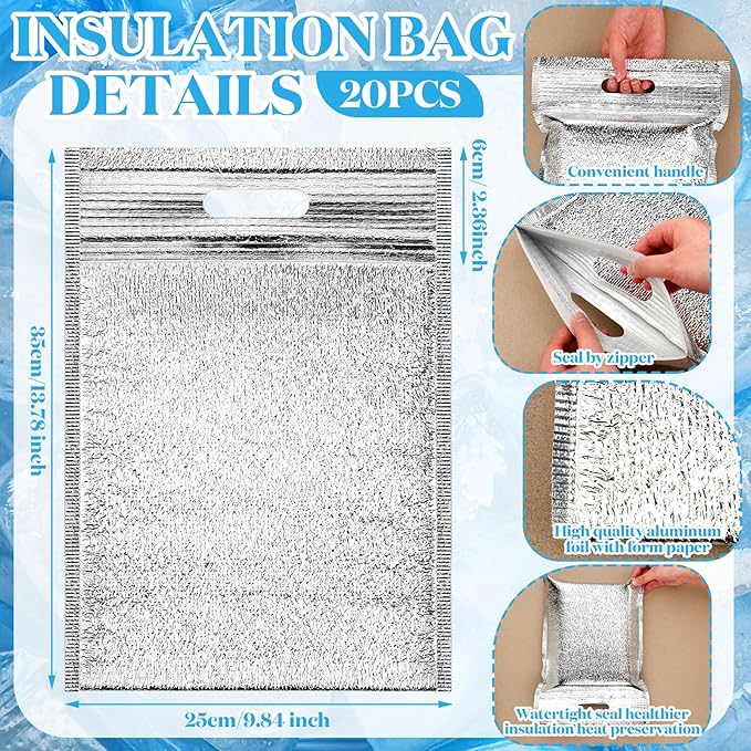 20 Pcs Thermal Bags Bulk with Zipper Handle and 20 Pcs Ice Packs 13.78 x 9.84'' Waterproof Cool Summer Reusable Insulation Bags Thermal Box Liners for Sandwich Drink Picnic Camping