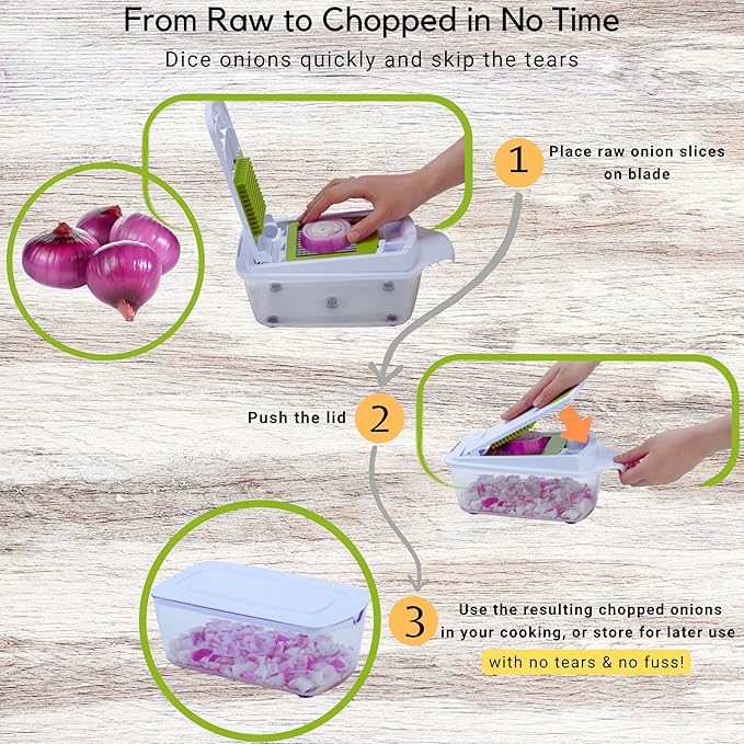 Brieftons QuickPush Food Chopper: Strongest & 200% More Container Capacity, 30% Heavier Duty, Fruit & Vegetable Chopper, Onion Chopper Vegetable Cutter, with 3 Dicer Blades & Keep-Fresh Lid, 5 Ebooks