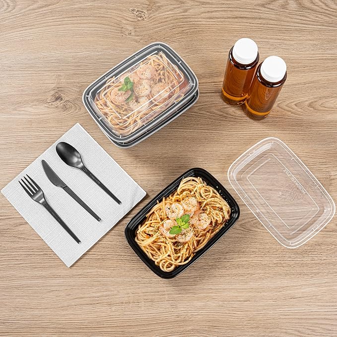 Restaurantware Asporto 16 Ounce To Go Boxes 100 Microwavable Round Soup Containers - Clear Plastic Lids Included Do Not Contain BPA Black Plastic Catering Food Containers Disposable