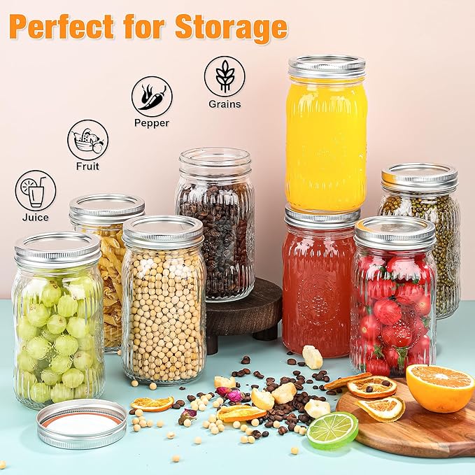 Mason Jars 32 oz, 12 Pack Glass Wide Mouth Mason Jars, with Airtight Lids and Bands, Large Canning Jars for Food Storage, Pickling, Meal Prep, DIY Decor, Fruit Print, Safe for Microwave & Dishwasher