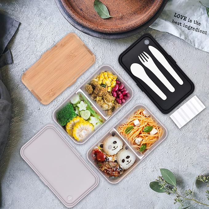 1200ML Bento Boxes, Japanese Lunch Boxes, 2 Stackable Food Containers,for Adults, Men&Women, with Nylon Sealing Strap,Built-In Reusable Cutlery,BPA Free,Bamboo Lid,Microwave Safe (GREY)