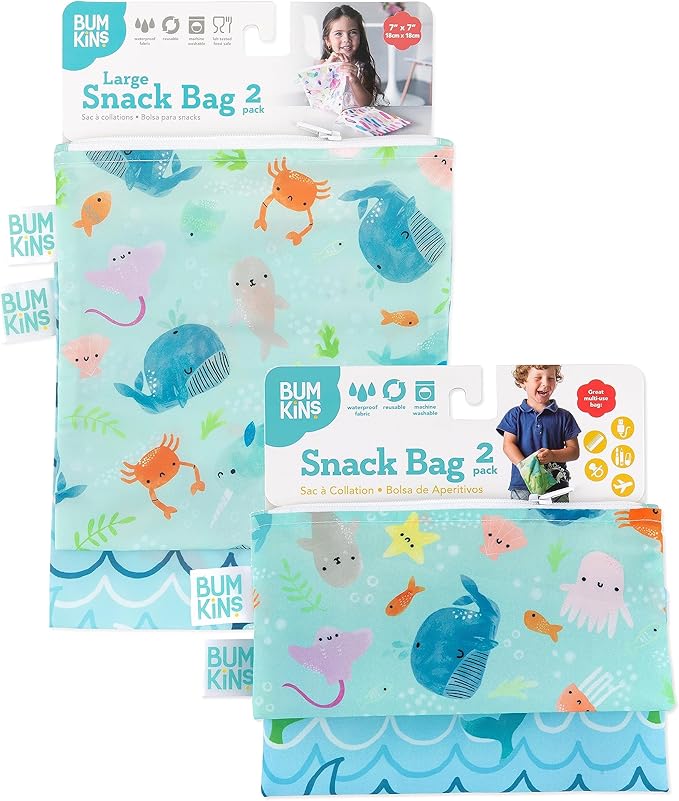 Bumkins Reusable Sandwich and Snack Bags, for Kids Lunch Bags and for Adults, Beach Essentials, Washable Fabric, Cloth Zip Bag, Dishwasher-Safe, Food-Safe, Safety Tested (4-Pack)