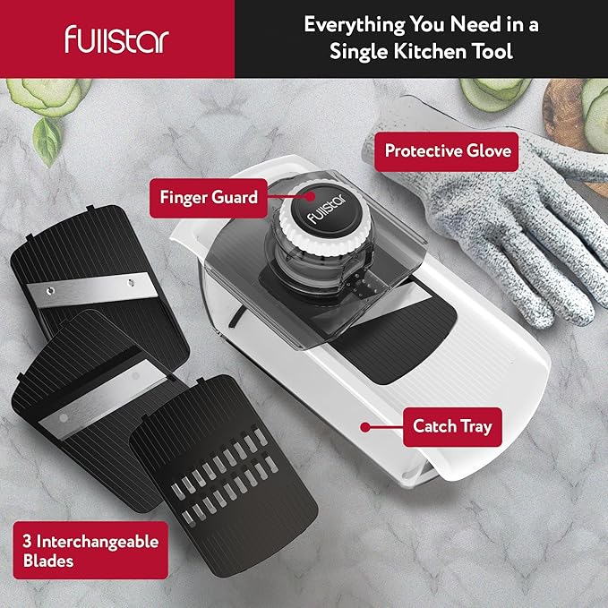 Fullstar Mandoline Slicer for Kitchen, Fruit Cutter, Cheese Grater, Cucumber Slicer, Food Cutter & Kitchen Gadgets (3 in 1, White)