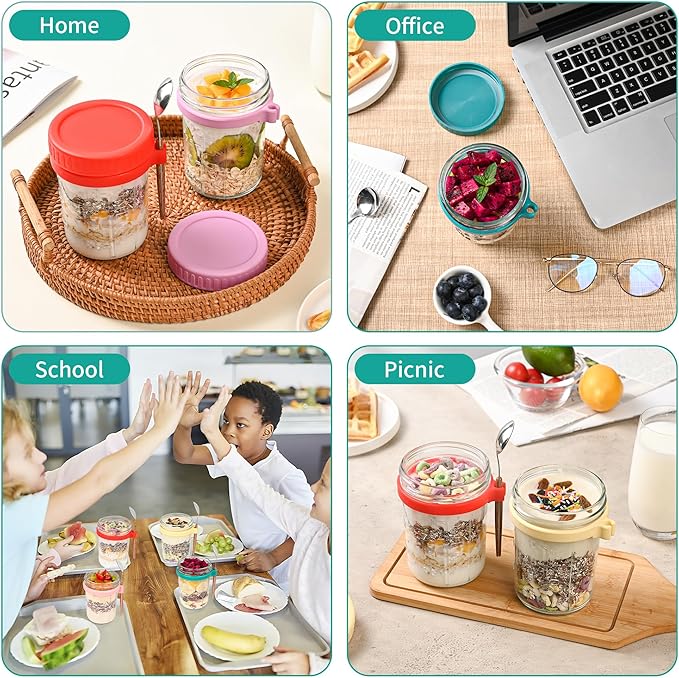 6 Pack Overnight Oats Containers with Lids and Spoons-18 Oz Overnight Oats Jars Mason Jars for Chia Pudding Cereal Fruit Vegetable Milk Salad Yogurt Meal Prep
