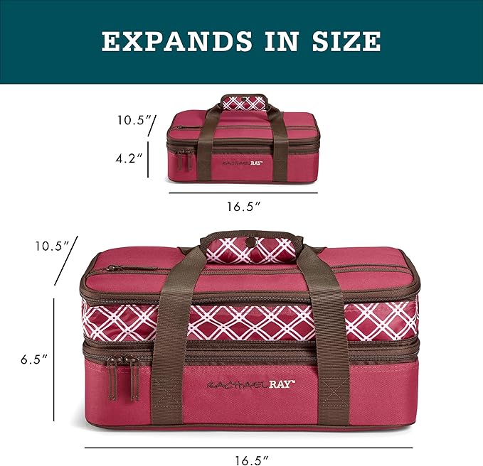 Rachael Ray Expandable Insulated Casserole Carrier for Hot or Cold Food, Thermal Lasagna Lugger Tote for Potluck, Parties, Picnic, and Cookouts, Fits 9" x 13" Baking Dish