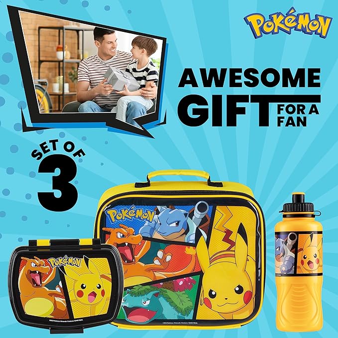 Pokemon Kids Insulated Lunch Bag, Lunch Box and Water Bottle, 3 Piece Set (Yellow)