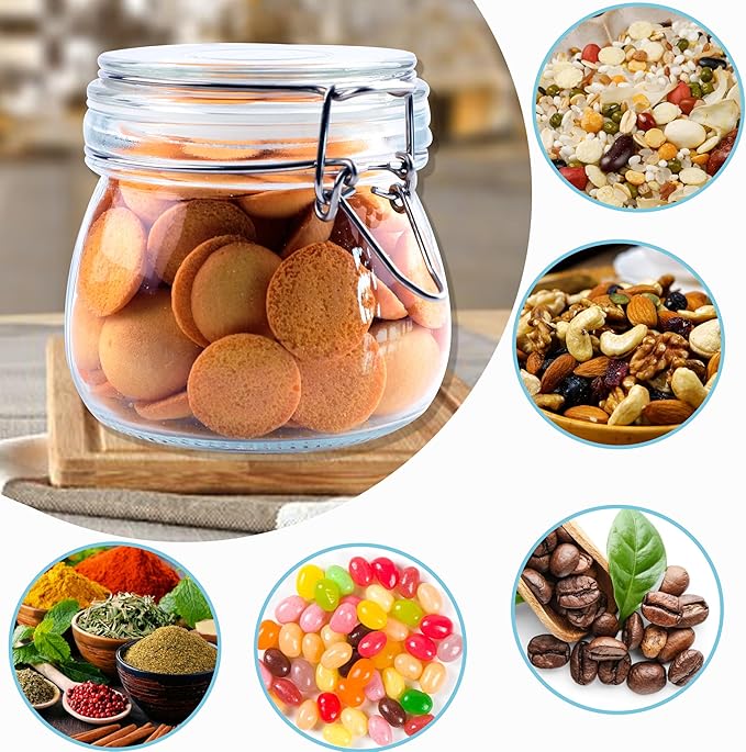 Glass Jars With Airtight Lids 16 OZ 6 Set Wide Mouth Food Storage Canisters Leakproof Sealed Jar Containers With Clamp Lids For Coffee,Sugar, Spices,Snacks, Pickles,Cereal,Tea Bags,Candy,Cookies