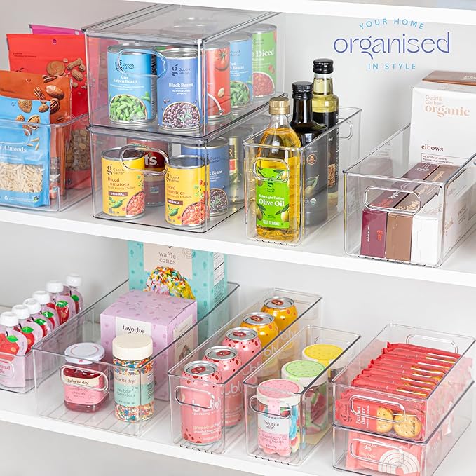 Plastic Food Storage 6 Pack Clear Container Bin with Handles for Organizing Kitchen, Pantry, Refrigerator, Freezer, Pantry, Cabinet, Closet, Bathroom. 10”x4”x6”