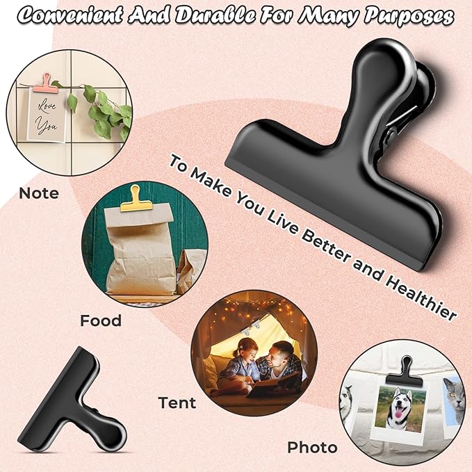 12 Packs Metal Black Chip Clips, Heavy Duty Chip Clips Bag Clips Food Clips, Bag Clips for Food, Clips for Food Packages, Stainless Steel Food Clips for Bag