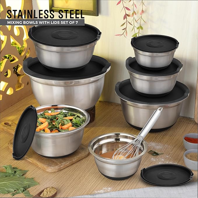 AVADOR Premium Stainless Steel Mixing Bowls, Set of 5 Brushed Stainless Steel Mixing Bowl Set, Easy To Clean, Space Saving, Great for Cooking, Baking, Prepping (7 pc Anti Slip Mixing Bowl + Whisk)