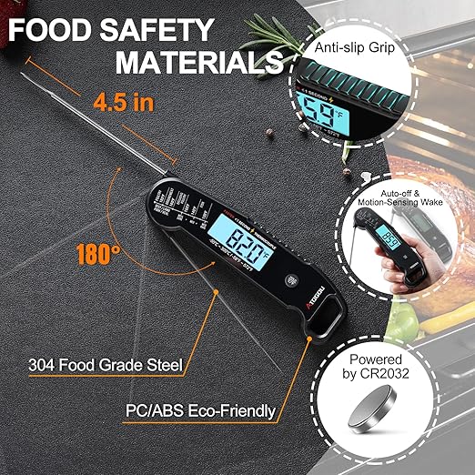 Professional Food & Meat Thermometer, 1 Sec Instant Read & ±0.5℉ Accuracy Driven by Thermocouple Sensor. IP67 Waterproof Digital Thermometer for Cooking, BBQ, Grilling. Gifts for Him Dad. Black