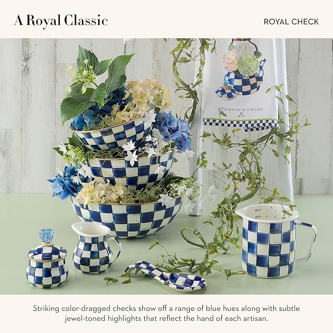 MACKENZIE-CHILDS Enamel Everyday Bowl, Serving Bowl for Entertaining, Medium, Blue-and-White Royal Check, Set of 1