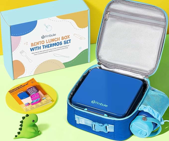 Fimibuke Bento Box for Kids Adult - Leakproof 3-4 Compartments Lunch Bento Box Set with Insulated Thermos Food Jar, Water Bottle, Lunch Bag, Sauce Cup & Cutlery for Toddler Teen Shcool Girl Boy Age 3+