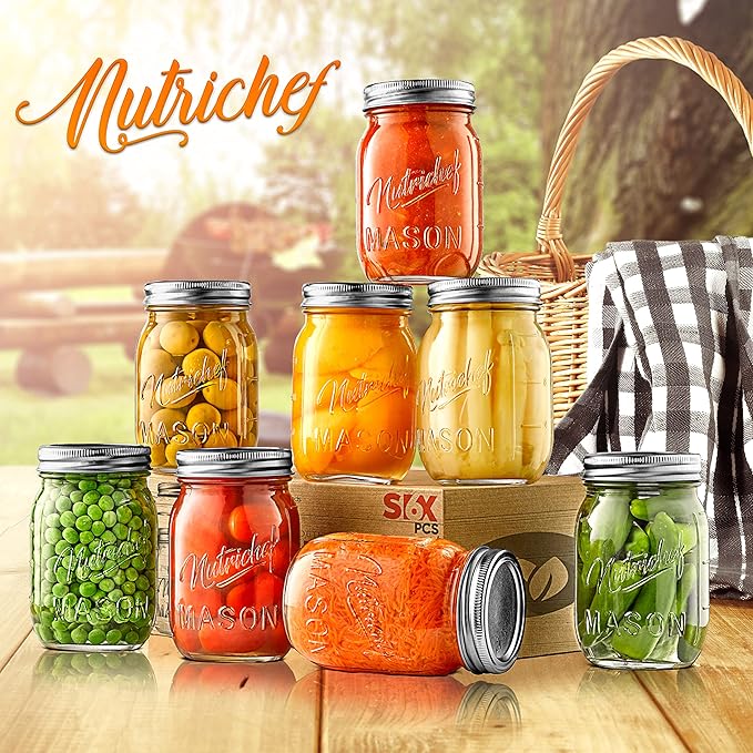 NutriChef 8-Pack 16 oz Mason Jars with Lids - Thick Glass Canning Jars with Stainless Steel Lids - Ideal for DIY Spices, Meal Prep, Overnight Oats, Jelly, Jam, Honey, Candles, Crafts, & More