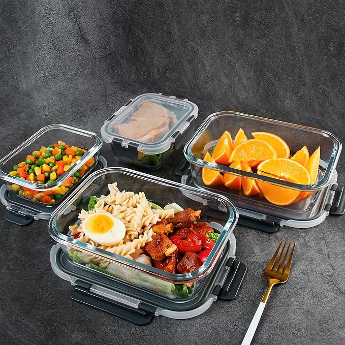 YANGNAY 8 Pack Glass Food Storage Containers, Glass Meal Prep Containers with Airtight Lids, Dishwasher/Freezer Safe, 2 sizes