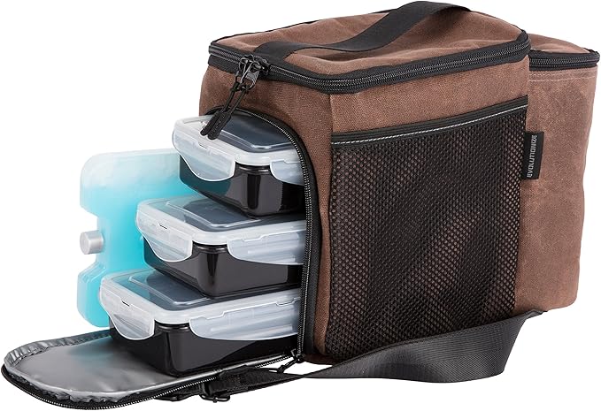 EVOLUTIONIZE Meal Prep Bag - Full Meal Prep Lunch Box Management System includes Portion Control Meal Prep Containers + Ice Pack (3 Meal Insulated Cooler Bag, Black) (3 Meal, Brown (Waxed Canvas))