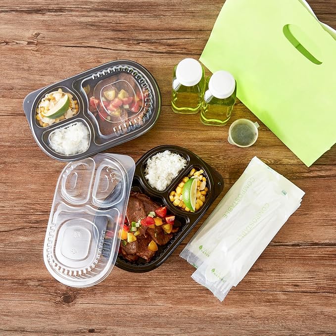 Restaurantware RW Base 19 Ounce Meal Prep Containers, 100 Microwavable To Go Containers With Lids - 3 Compartments, Disposable, Black Plastic Oval Food Containers, For Hot And Cold Food, Freezable