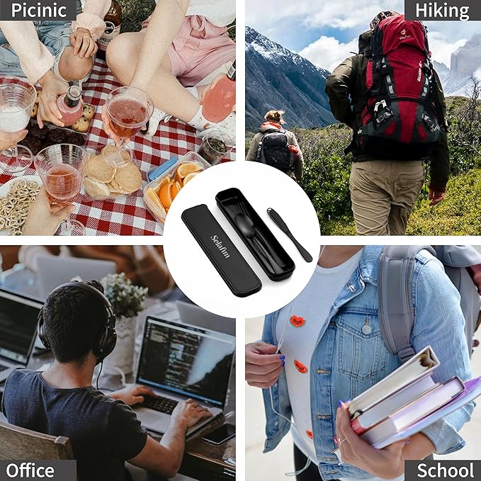 5-pieces Travel Set with Case Portable Silverware Utensils Set for work, Stainless Steel Reusable Flatware Set Cutlery Set for Camping Picnic Hiking Office, (matte black, 5.9)