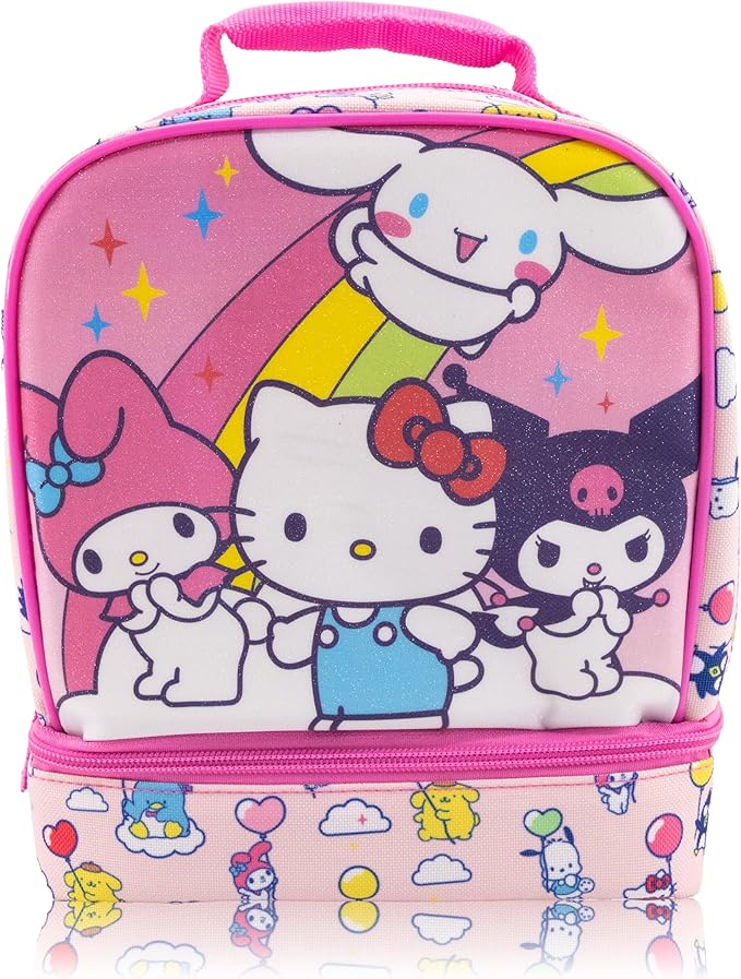 Fast Forward Sanrio Hello Kitty Lunch Box for Kids With Glitter | Insulated Lunch Bag Lunch Box for Girls, Boys, Unisex | Hello Kitty and Friends Pink Reusable Lunchbox
