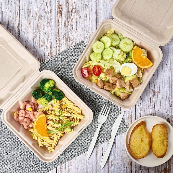 ECOLipak 50 Pack Clamshell To Go Containers, 100% Compostable Disposable Take Out Food Containers, 8X8 inch Heavy-Duty To Go Boxes, Eco-Friendly Biodegradable Take Out Containers For Food