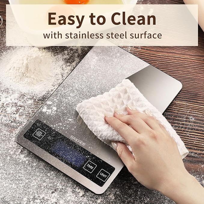 33LB Digital Kitchen Scale with Tempered Glass and Stainless Steel Surface, USB Rechargeable, 1g/0.1oz Food Scale for Baking, Making Sourdough Bread, Meal Prepping