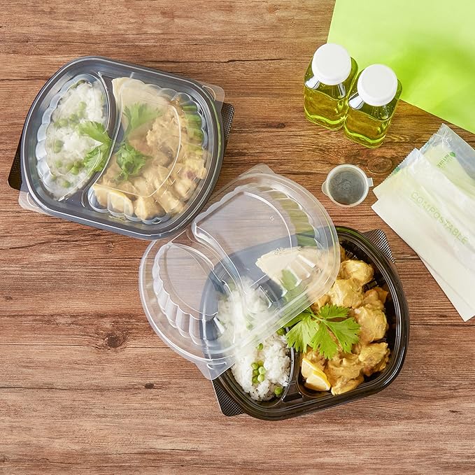 RW Base 28 Ounce Meal Prep Containers, 100 Microwavable To Go Containers With Lids - 2 Compartments, Disposable, Black Plastic Oval Food Containers, For Hot And Cold Food, Freezable - Restaurantware