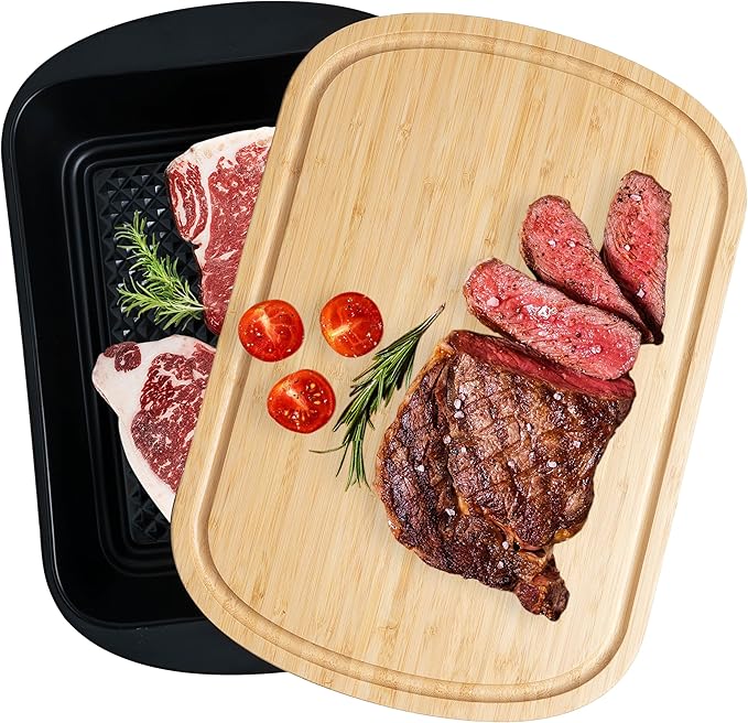 Grill Marinade Tray with Wood Lid, Grill Serving Platter Set, Barbeque Prep Platter Sets, 2 Piece Melamine Prep and Store Tray with Cutting Board for Grill, Meal Prep, Barbeque, Black