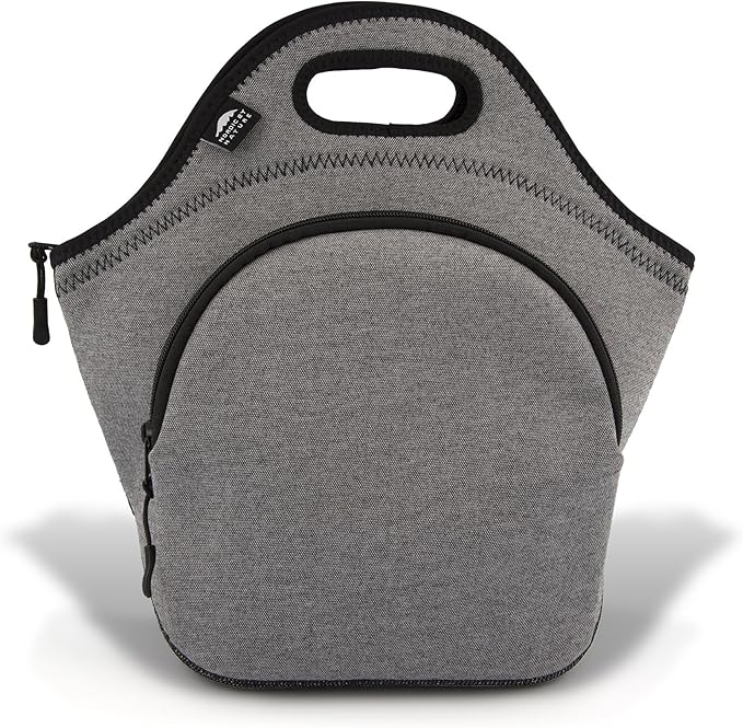 Nordic By Nature Large Neoprene Lunch Bag for Women & Lunch tote for Kids Insulated Lunch bag Reusable Washable Thick Neoprene & Soft Cotton Feel, Premium Stitching, Outside Pocket, (L) Grey/Black