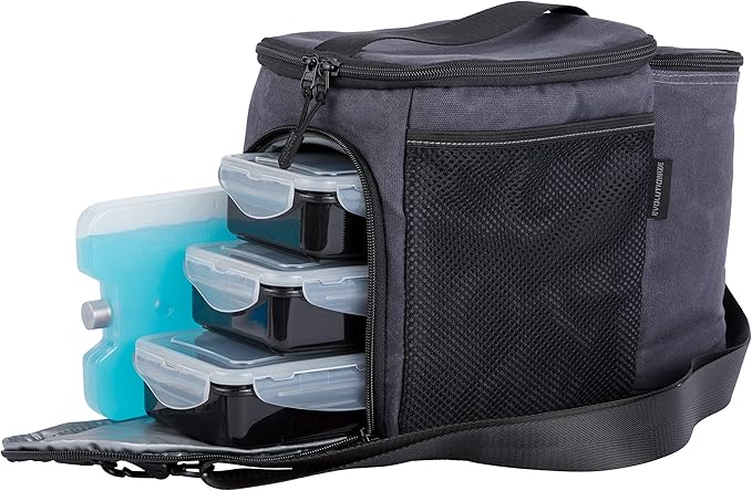 Evolutionize Meal Prep Bag - Full Meal Prep Lunch Box Management System includes Portion Control Meal Prep Containers + Ice Pack (3 Meal Insulated Cooler Bag, Black)