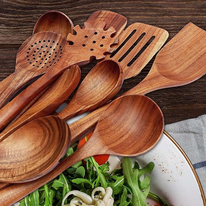 Premium Wooden Spoons for Cooking – 10 Pcs Wooden Utensils Set Teak Wooden Spatulas & Wooden Spoons for Nonstick Cookware – Heat Resistant, Lightweight & Durable
