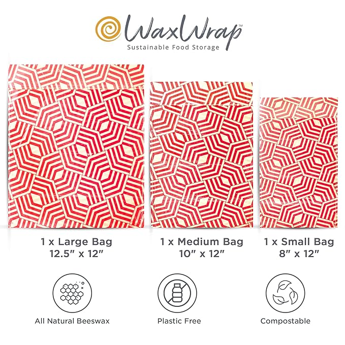 WaxWrap Beeswax Wraps For Food, Organic Cotton Food Bags - Sustainable Plastic Bag Alternative, Reusable Snack Bags, Bees Wax Wraps Reusable Food Storage - Assorted 3 Pack (S, M, L)