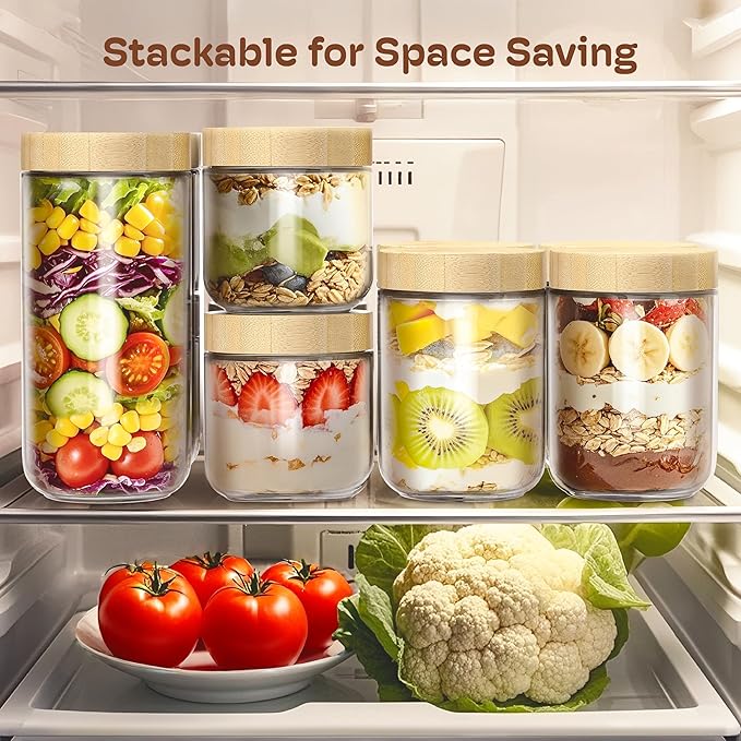 6 Pack 16oz Overnight Oats Containers with Bamboo Lids, Glass Jars with Airtight Lids for Meal Prep, Wide Mouth Mason Salad Jars, Glass Food Storage Container for Yogurt Chia Snacks Spice Sugar