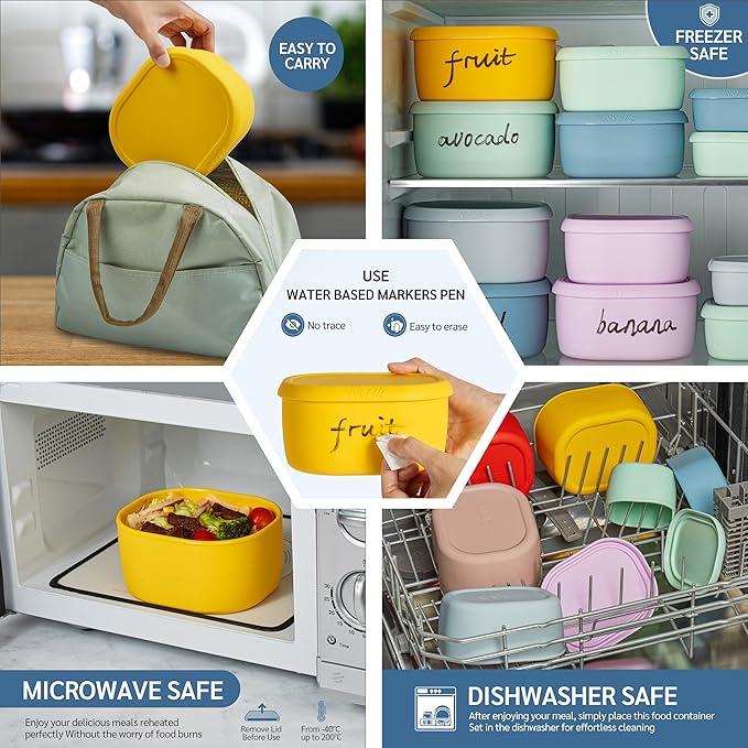 ISSEVE 6Pcs/Set Nesting Silicone Food Storage Containers with Lids, BPA Free Reusable Meal Prep Silicone Containers Lunch Box Bento Box Set (33.8oz, 20oz, 10oz, 6.7oz, 1.3oz) (Yellow)